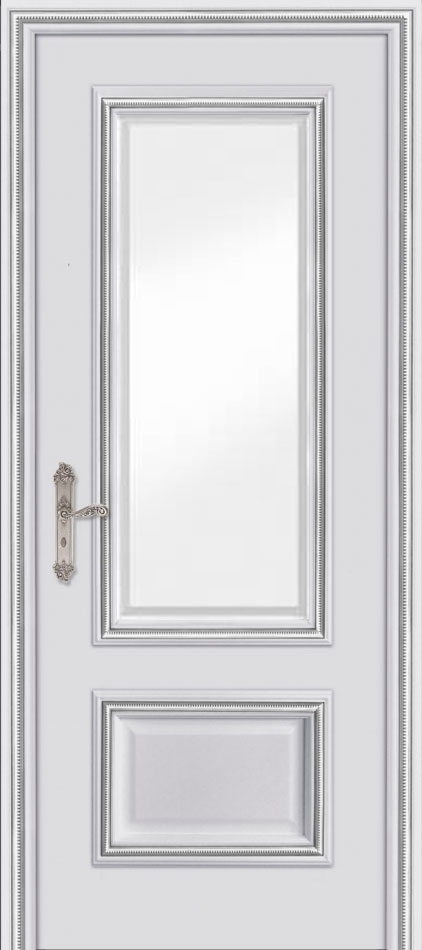 межкомнатные двери  Дариано Итака с фацетом эмаль шиншилла патина серебро