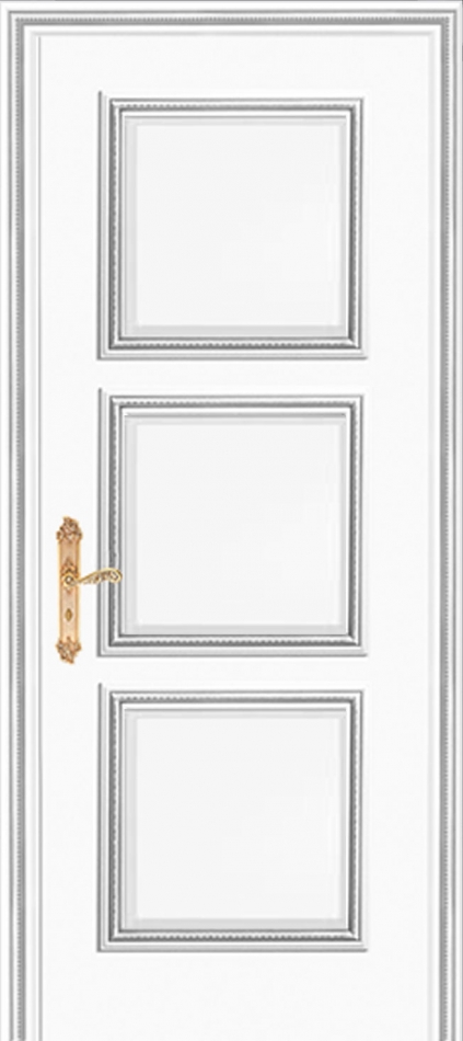 межкомнатные двери  Дариано Корфу с фацетом эмаль белая патина серебро